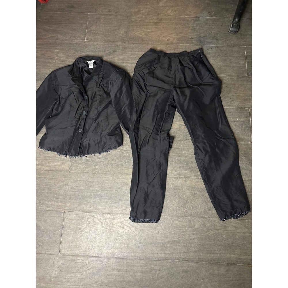 SLB Black Silk Suit Jacket Pants Set Beaded Trim Women's Size 8